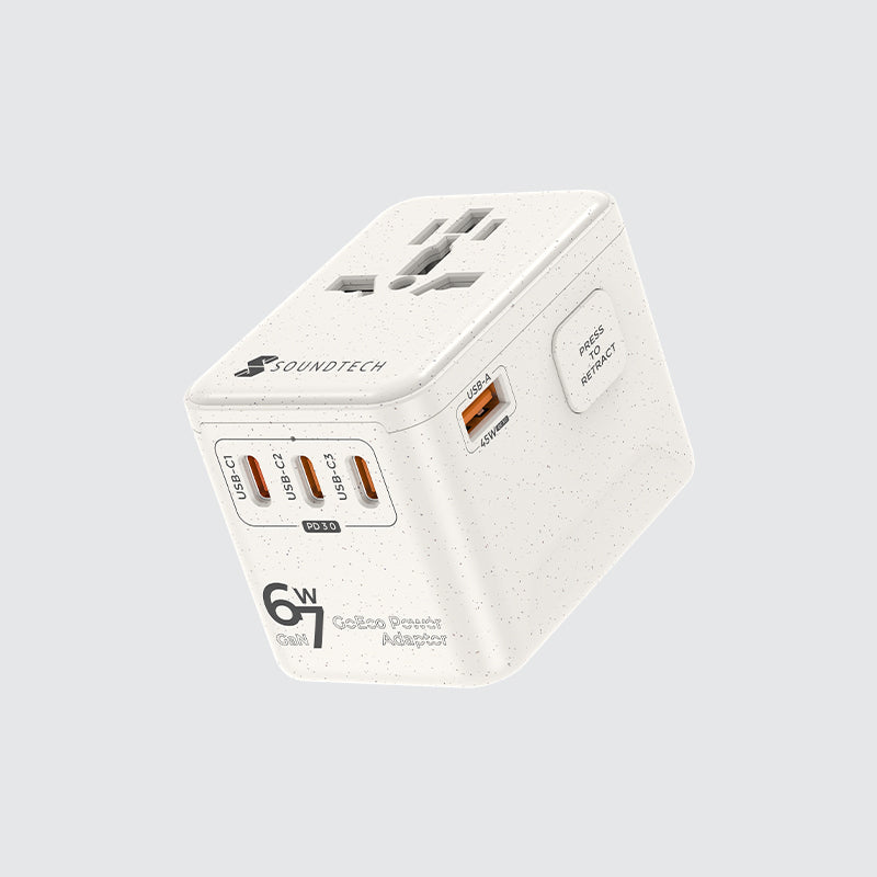 SOUNDTECH TA-667C World Travel Adaptor with GaN PD67Watts USB Quick Charger