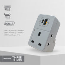Load image into Gallery viewer, SOUNDTECH MAU-320 3Ways Adaptor with USB A+C Quick Charger, Light Grey
